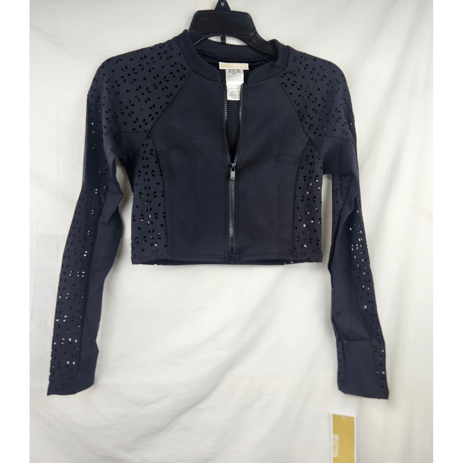 Nwt Michael Kors Womens Black Laser Cut Long Sleeve Crop Xs Beach Biker Moto